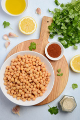 Ingredients for making hummus, top view.