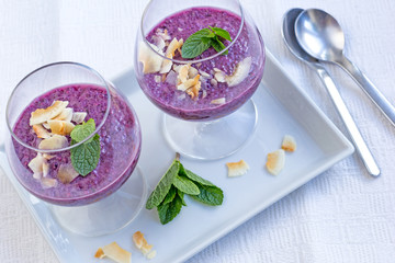 trendy colorful chia pudding with blueberries and coconut