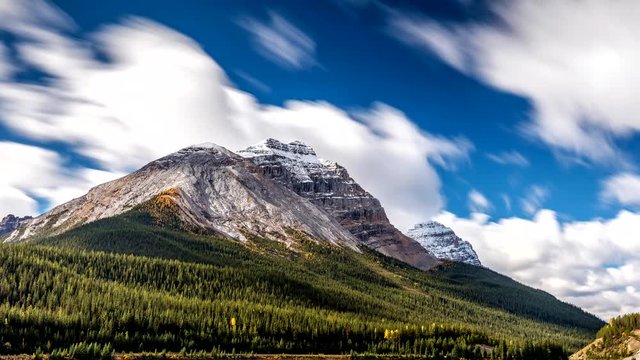 The scenic Canadian rocky mountains with clouds in motion, in Yoho National Park, British Columbia.
