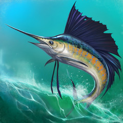 Sailfish on the background of waves in a jump