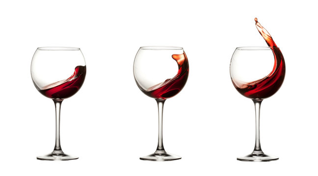 Collage of three wine glasses with the splash of red wine over the white background