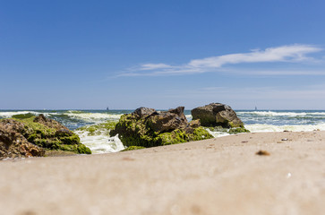 Big stones on the beach with seaweed