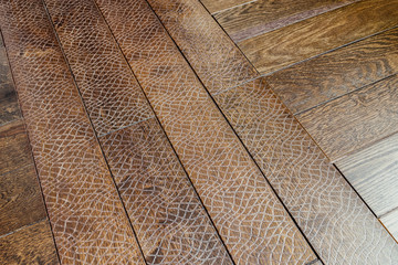 Wooden floor with embossing in interior. Wood Texture, Wooden Plank Grain Background, Desk in Perspective Close Up, Striped Timber, Old Table or Floor Board