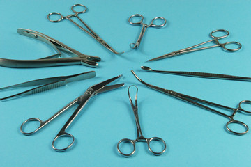 Surgical Instruments on blue background.