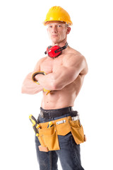 handsome construction worker posing isolated in white