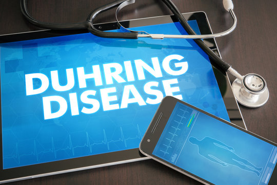 Duhring disease (cutaneous disease) diagnosis medical oncept on tablet screen with stethoscope