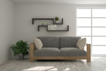 White modern room with sofa. Scandinavian interior design. 3D illustration