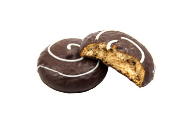 Chocolate cookies with cream filling isolated on white background.