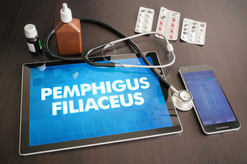 Pemphigus filiaceus (cutaneous disease) diagnosis medical concept on tablet screen with stethoscope - obrazy, fototapety, plakaty