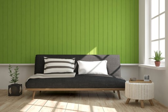 Green Modern Room With Sofa. Scandinavian Interior Design. 3D Illustration