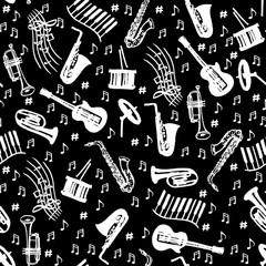 Jazz music vector seamless pattern. Black and white print with jazz musical instruments. Menswear fashion design.