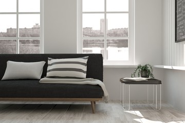 White room with sofa and urban  landscape in window. Scandinavian interior design. 3D illustration