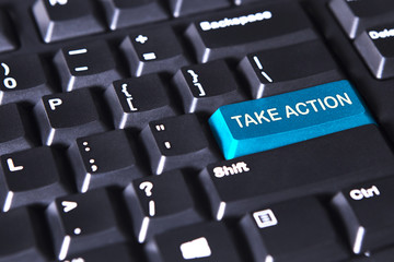 Blue button with word of take action