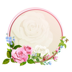 Vintage round frame with bouquet: pink, red roses and blue flowers forget-me-not, green leaves on white background, digital draw, decorative illustration, vector
