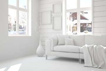 White room with sofa and winter landscape in window. Scandinavian interior design. 3D illustration