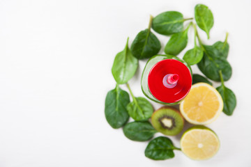 Smoothies Green. Drink Cocktail Spinach,Apple,Kiwi,Lemon,lime,avocado.Food or Healthy diet concept.Vegetarian.Copy space for Text. selective focus.