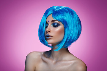 Beautiful girl in blue wig