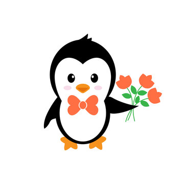 cartoon cute penguin with flowers and tie