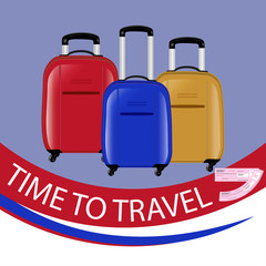 The concept of a time to travel. Three modern suitcases on wheels. Red, blue and yellow. Air tickets . Vector
