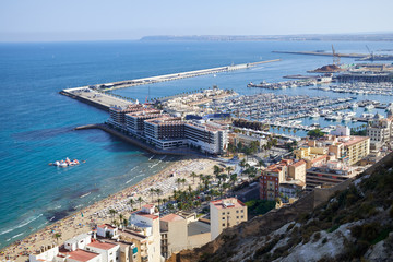 Fototapeta na wymiar View on Alicante old city and port from castle Santa Barbara, summer Spain