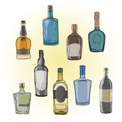 Vector set of bottles with alcohol, seamless pattern.