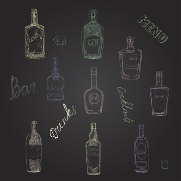 Vector set of bottles with alcohol, seamless pattern.