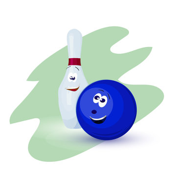 Vector cartoon illustration of skittle and red bowling ball