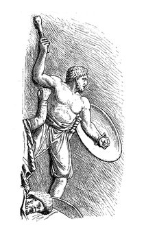 Vintage engraving representing German warriorfighting with schield and mace, scene carved on the victory Trajan's colunm in Rome (II century)