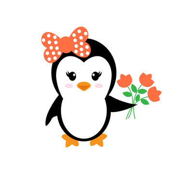 cartoon cute penguin girl with flowers