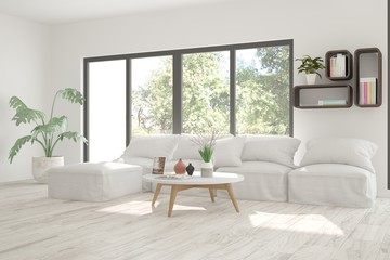 White room with sofa and green landscape in window. Scandinavian interior design. 3D illustration