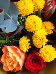 bouquet of flowers. Tulips, roses, chrysanthemums with green branches