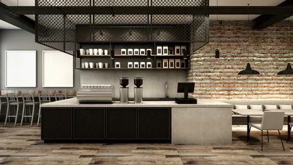 Photo sur Plexiglas Restaurant Café shop &amp  Restaurant design Comptoir Loft moderne en acier noir. Comptoir supérieur béton.side mur de briques -D render