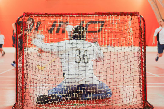 Floorball goalkeeper action back net goalie goal save from behind