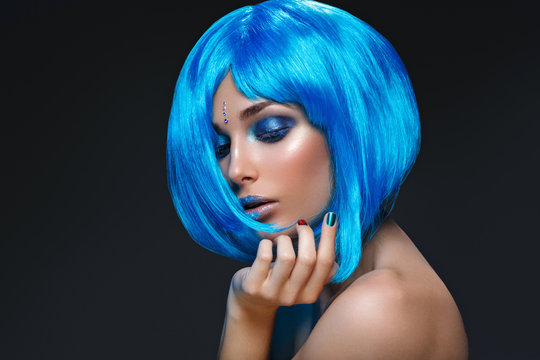 Beautiful girl in blue wig