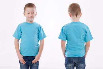 Shirt design and people concept - close up of young man in blank blue tshirt front and rear isolated. Mock up template for design print
