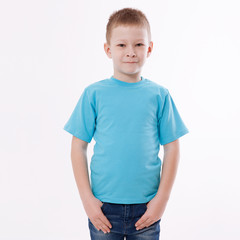 Shirt design and people concept - close up of young man in blank blue tshirt front and rear isolated. Mock up template for design print