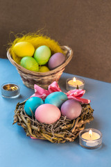 Easter decor on the blue background
