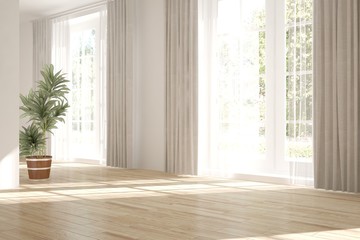 White empty room with green landscape in window. Scandinavian interior design. 3D illustration