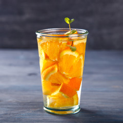 Detox Infused Water with orange.Healthy Beverage.Food  diet concept.Vegetarian.Copy space for Text. selective focus.