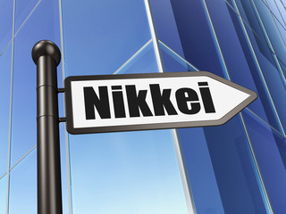 Stock market indexes concept: sign Nikkei on Building background