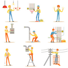 Electrician In Uniform And Hard Hat Working With Electric Cables And Wires, Fixing Electricity Problems Indoors And Outdoors Collection Of Illustrations