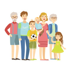 Full Family With Parents, Grandparents And Two Kids, Illustration From Happy Loving Families Series