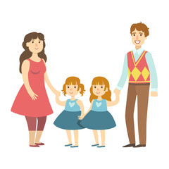 Parents And Two Twin Little Daughters, Illustration From Happy Loving Families Series