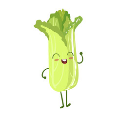 Green Salad Cute Anime Humanized Smiling Cartoon Vegetable Food Character Emoji Vector Illustration