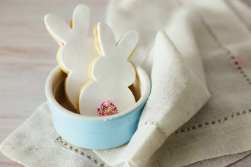 Rabbit shaped Easter cookies, hand-made. Decorated with fondant icing.
