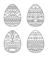 Easter eggs with tribal ornament vector coloring page. Black and white eggs with ethnic pattern clipart.