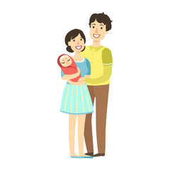 Young Parents With Newborn Kid In Arms, Illustration From Happy Loving Families Series