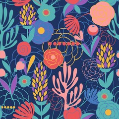 Colorful stylized flowers. Seamless pattern on a dark background