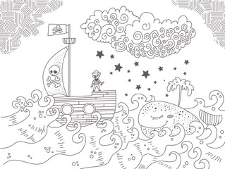 Children's illustration with pirate ship