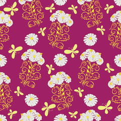 Daisies and butterflies. Red background. Seamless pattern. Design for textiles, ceramics, backgrounds, fabric, glass.